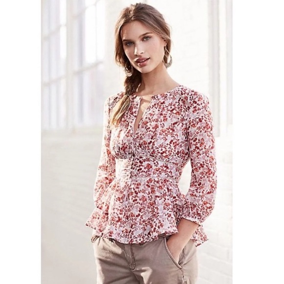 Anthropologie Tops - Anthropologie Floral Cotton/Silk Peplum Blouse